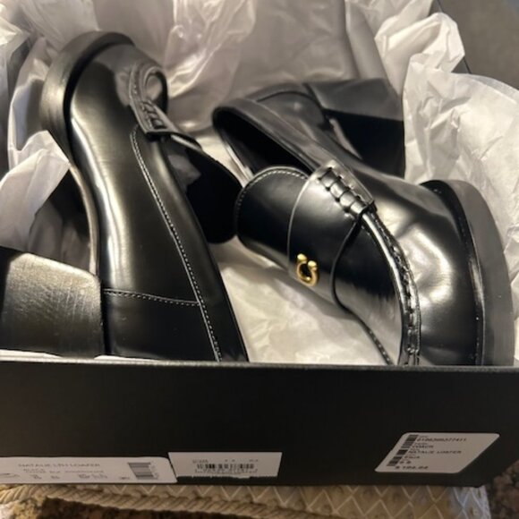 Coach Natalie Chunky Block Heel Black Luxe Leather Loafers - Picture 1 of 11